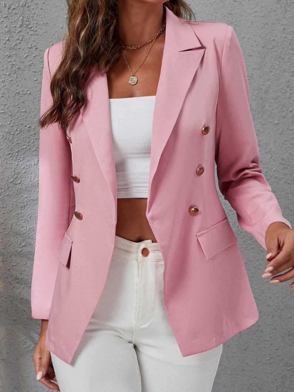 Dusty Pink Elegant Women's Lapel Collar Double Breasted Flap Detail Blazer